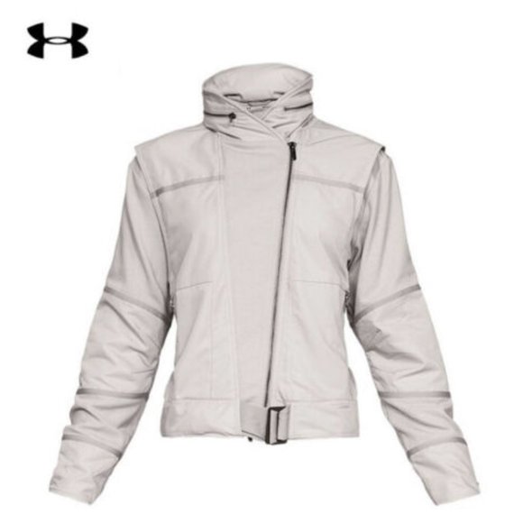 NWT $180 UNDER ARMOUR Women L Generation Moto Hooded Jacket in Earth Gray - Picture 6 of 11
